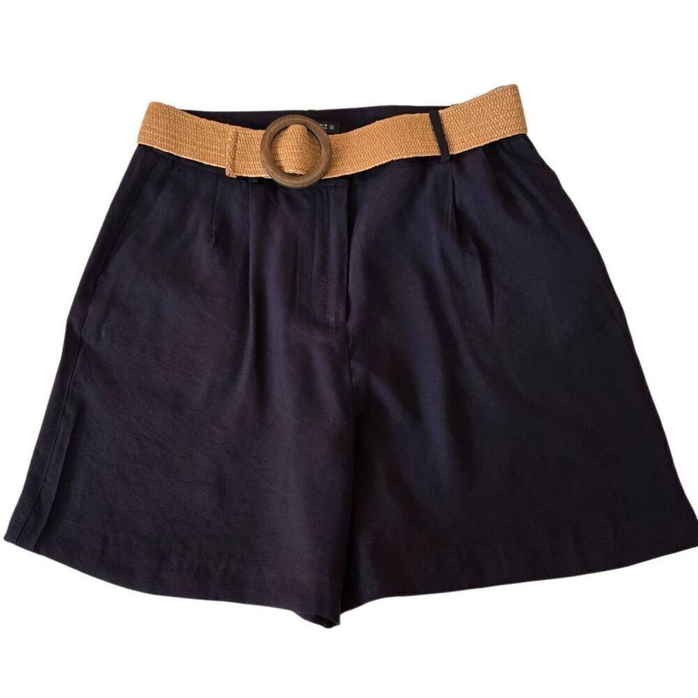 Zara Womens Woven Belted Chino Shorts Black Size Large